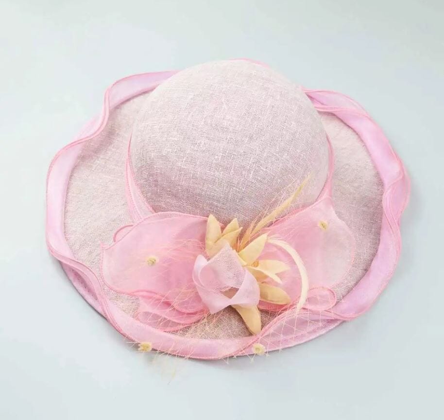 Women Summer Sunhat Flower Organza Church Fascinator Wedding Tea Party Derby Hat Hat jehouze pink 
