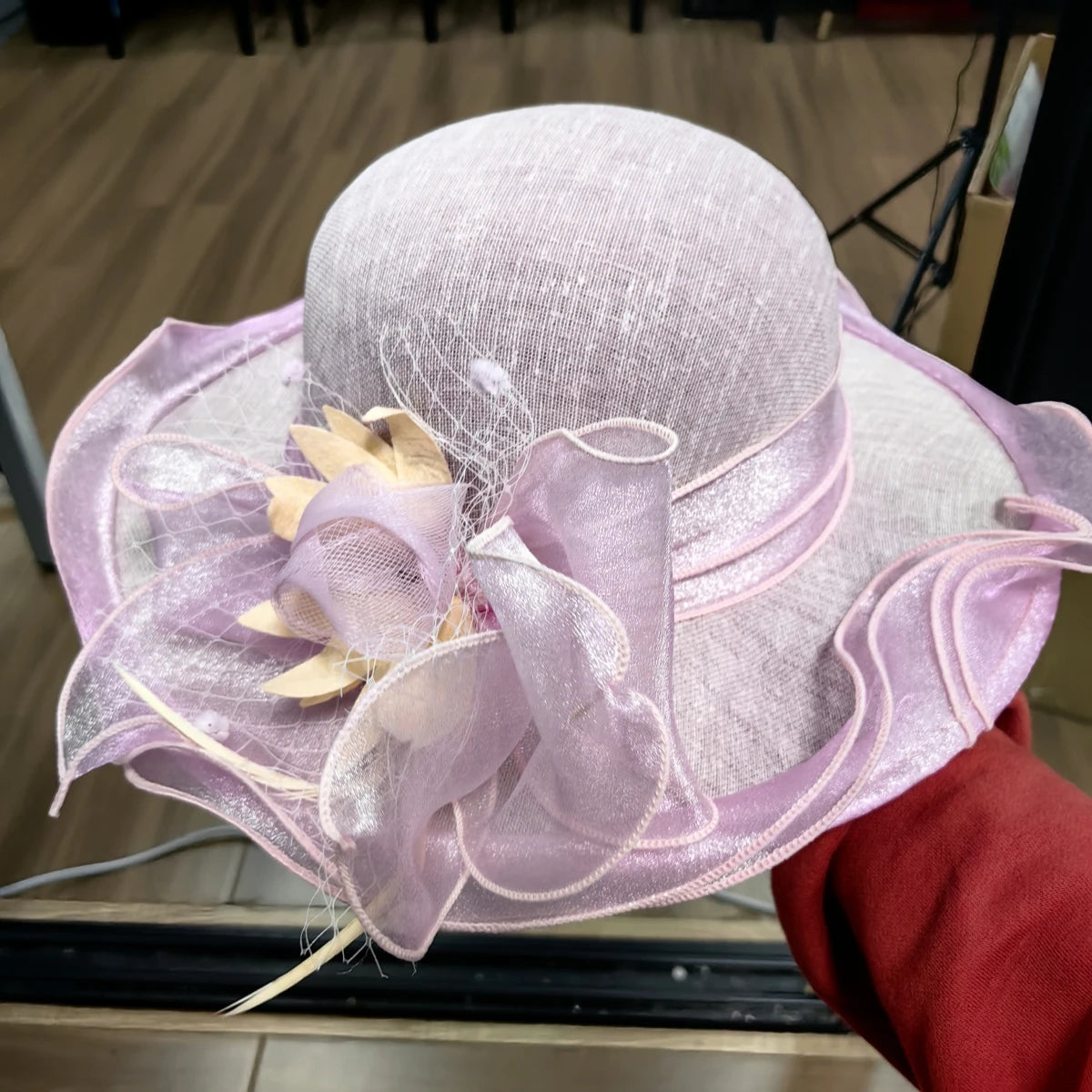 Women Summer Sunhat Flower Organza Church Fascinator Wedding Tea Party Derby Hat Hat jehouze pink 