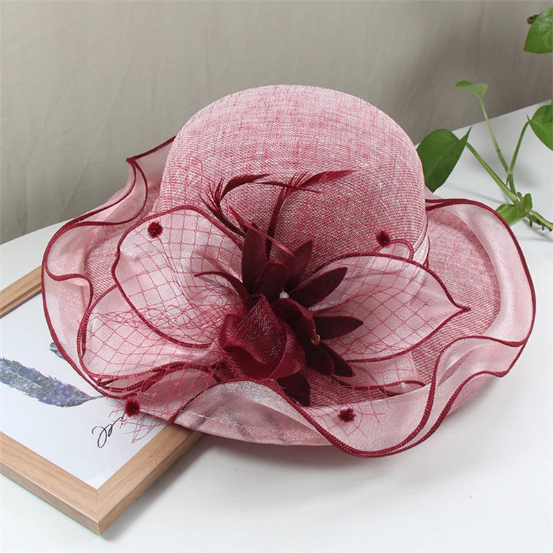 Women Summer Sunhat Flower Organza Church Fascinator Wedding Tea Party Derby Hat Hat jehouze red 