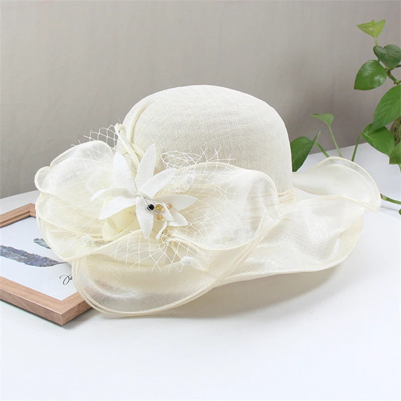 Women Summer Sunhat Flower Organza Church Fascinator Wedding Tea Party Derby Hat Hat jehouze Rice white 