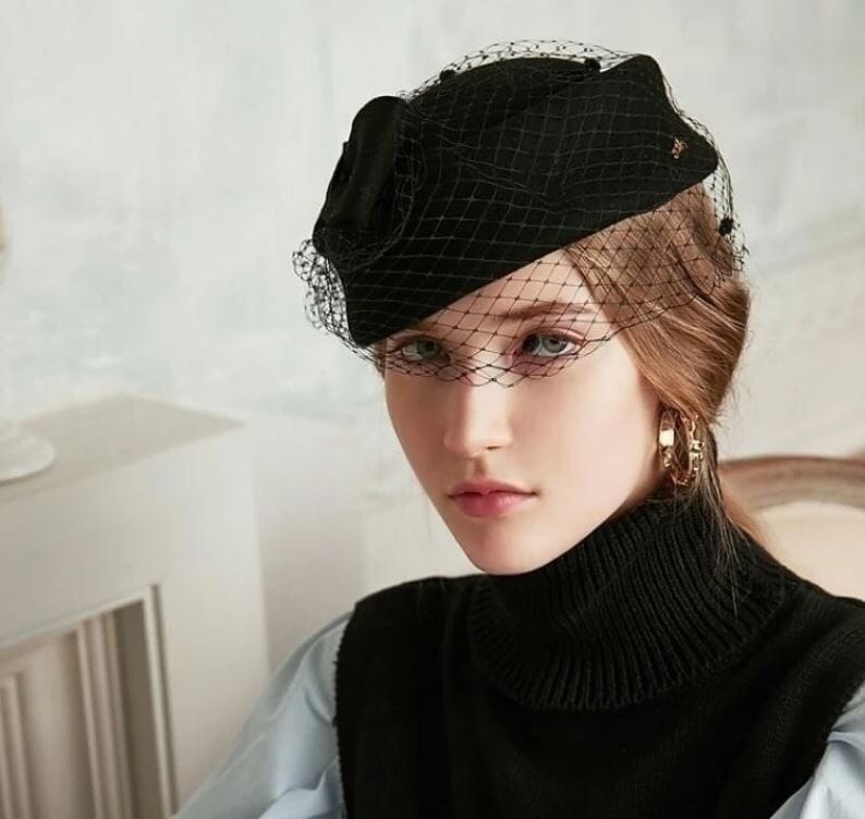Women Tea Party Fascinator Veil Derby British Vintage Wool Bowknot Cocktail Pillbox Hat Hat jehouze 