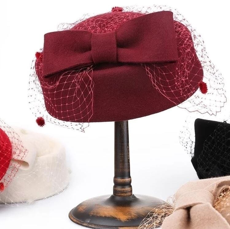 Women Tea Party Fascinator Veil Derby British Vintage Wool Bowknot Cocktail Pillbox Hat Hat jehouze 