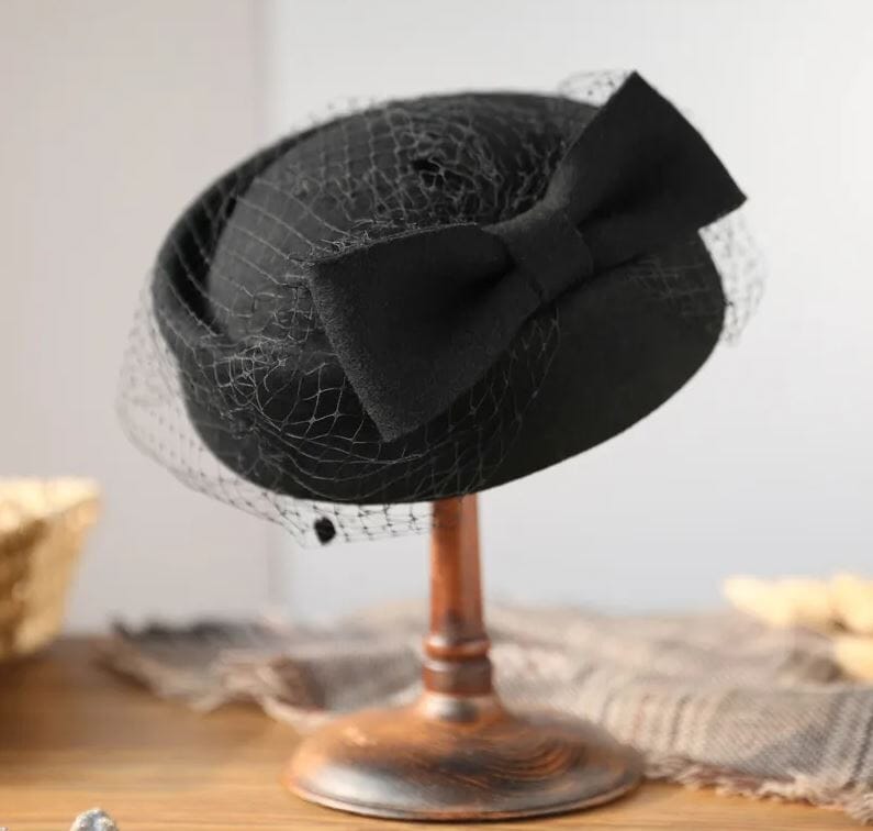 Women Tea Party Fascinator Veil Derby British Vintage Wool Bowknot Cocktail Pillbox Hat Hat jehouze Black 