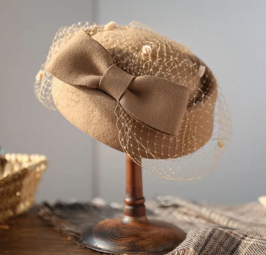 Women Tea Party Fascinator Veil Derby British Vintage Wool Bowknot Cocktail Pillbox Hat Hat jehouze Khaki 