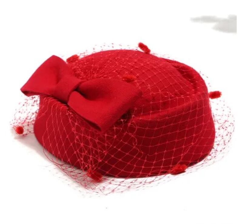 Women Tea Party Fascinator Veil Derby British Vintage Wool Bowknot Cocktail Pillbox Hat Hat jehouze Red 