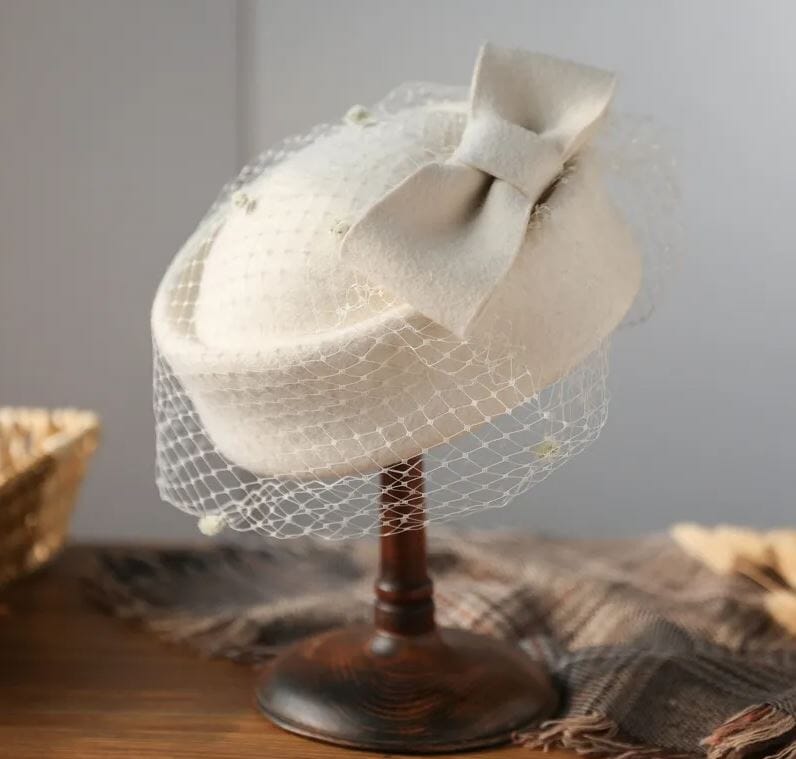 Women Tea Party Fascinator Veil Derby British Vintage Wool Bowknot Cocktail Pillbox Hat Hat jehouze White 