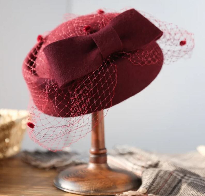 Women Tea Party Fascinator Veil Derby British Vintage Wool Bowknot Cocktail Pillbox Hat Hat jehouze Wine Red 