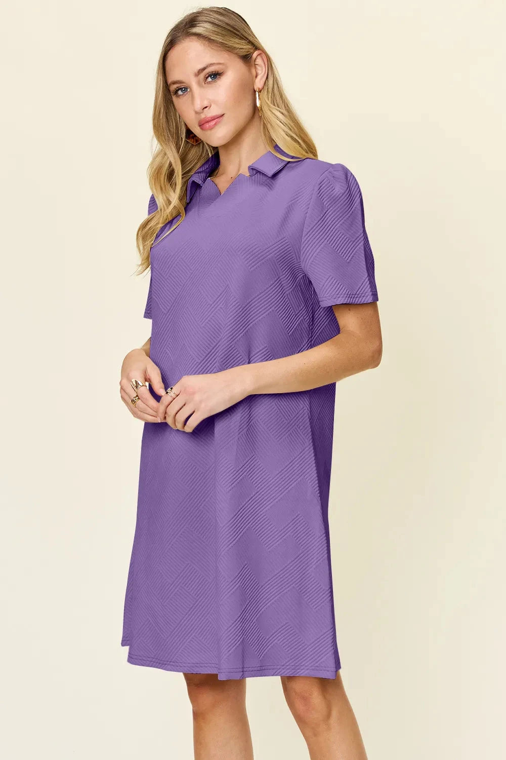 Women Texture Collared Neck Short Sleeve Dress Dresses jehouze 