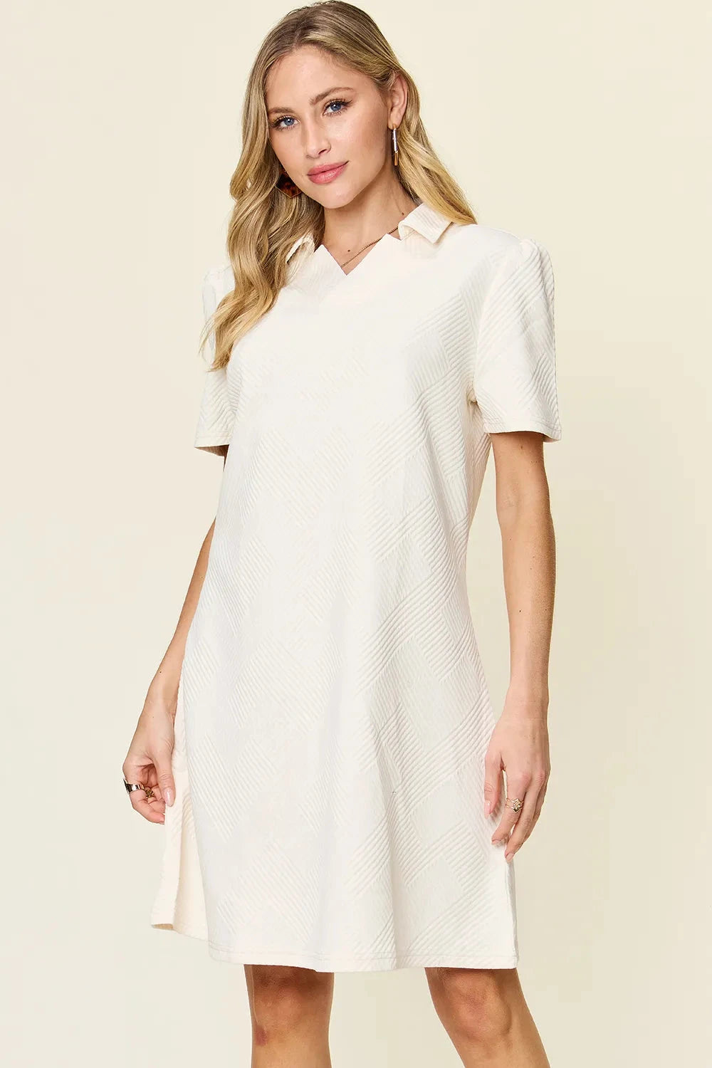 Women Texture Collared Neck Short Sleeve Dress Dresses jehouze 