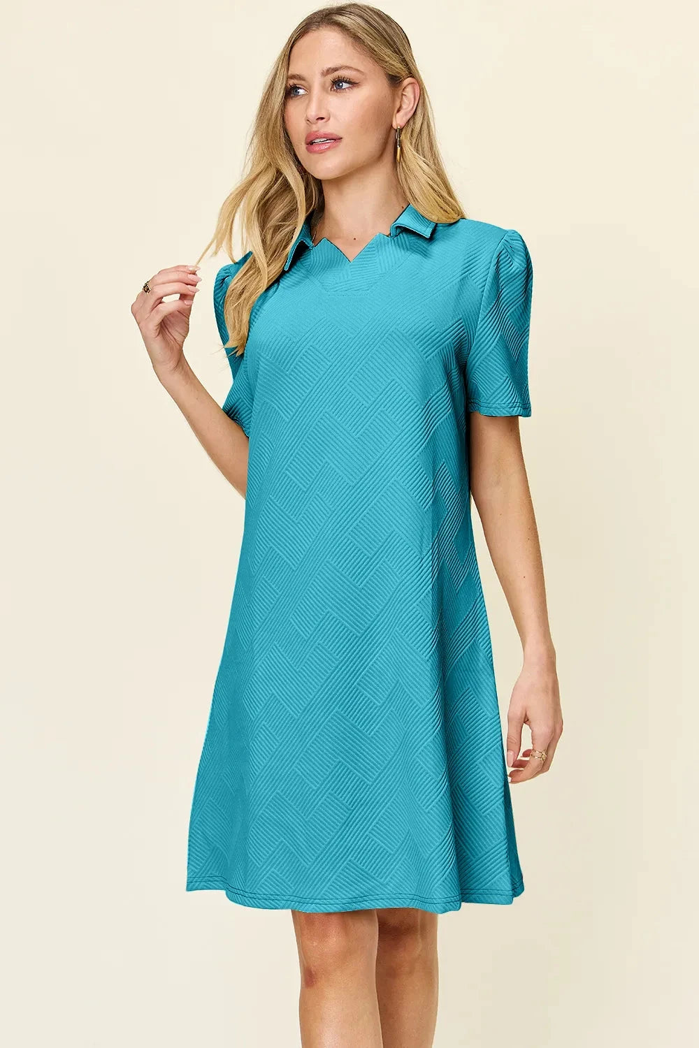 Women Texture Collared Neck Short Sleeve Dress Dresses jehouze 