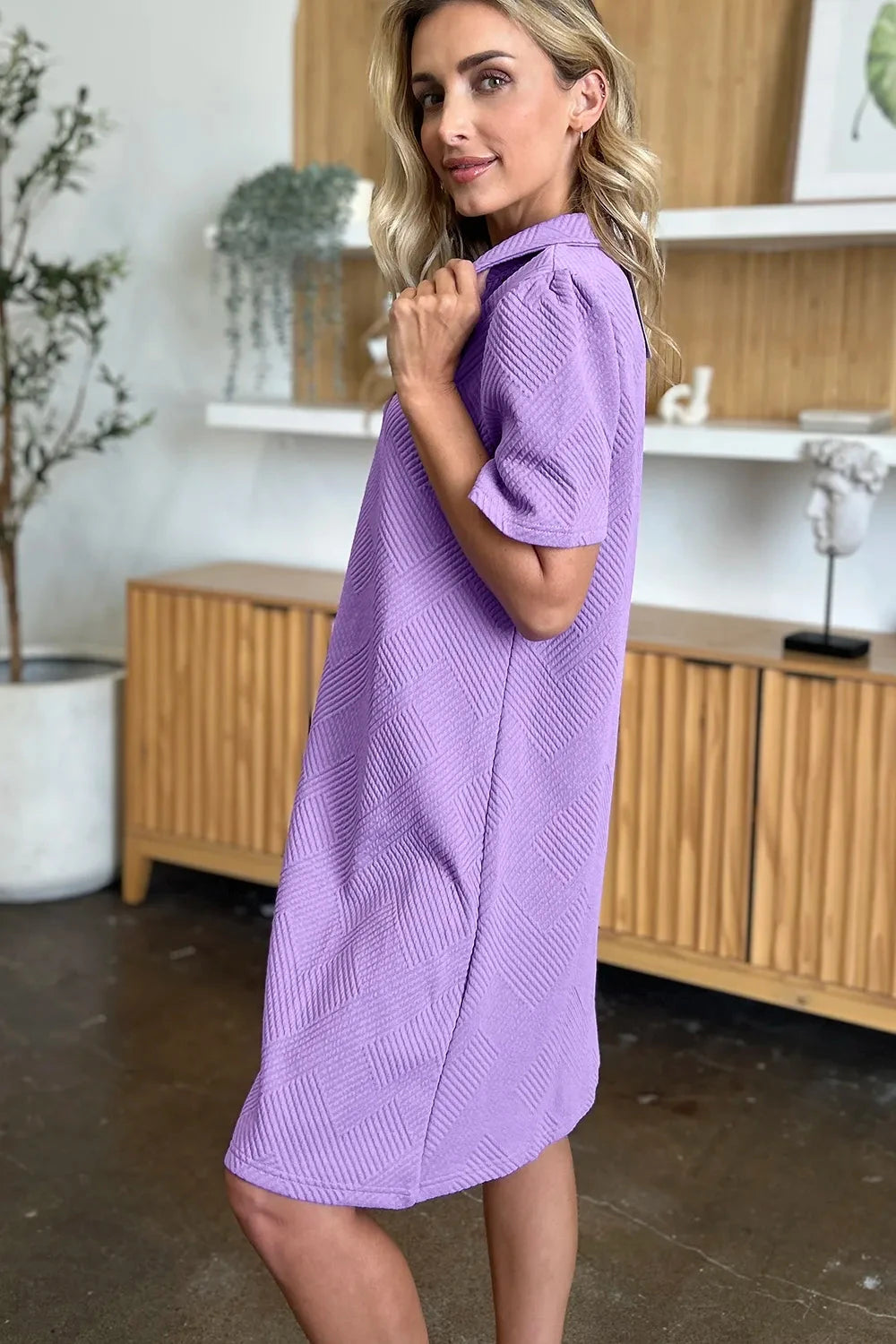 Women Texture Collared Neck Short Sleeve Dress Dresses jehouze 