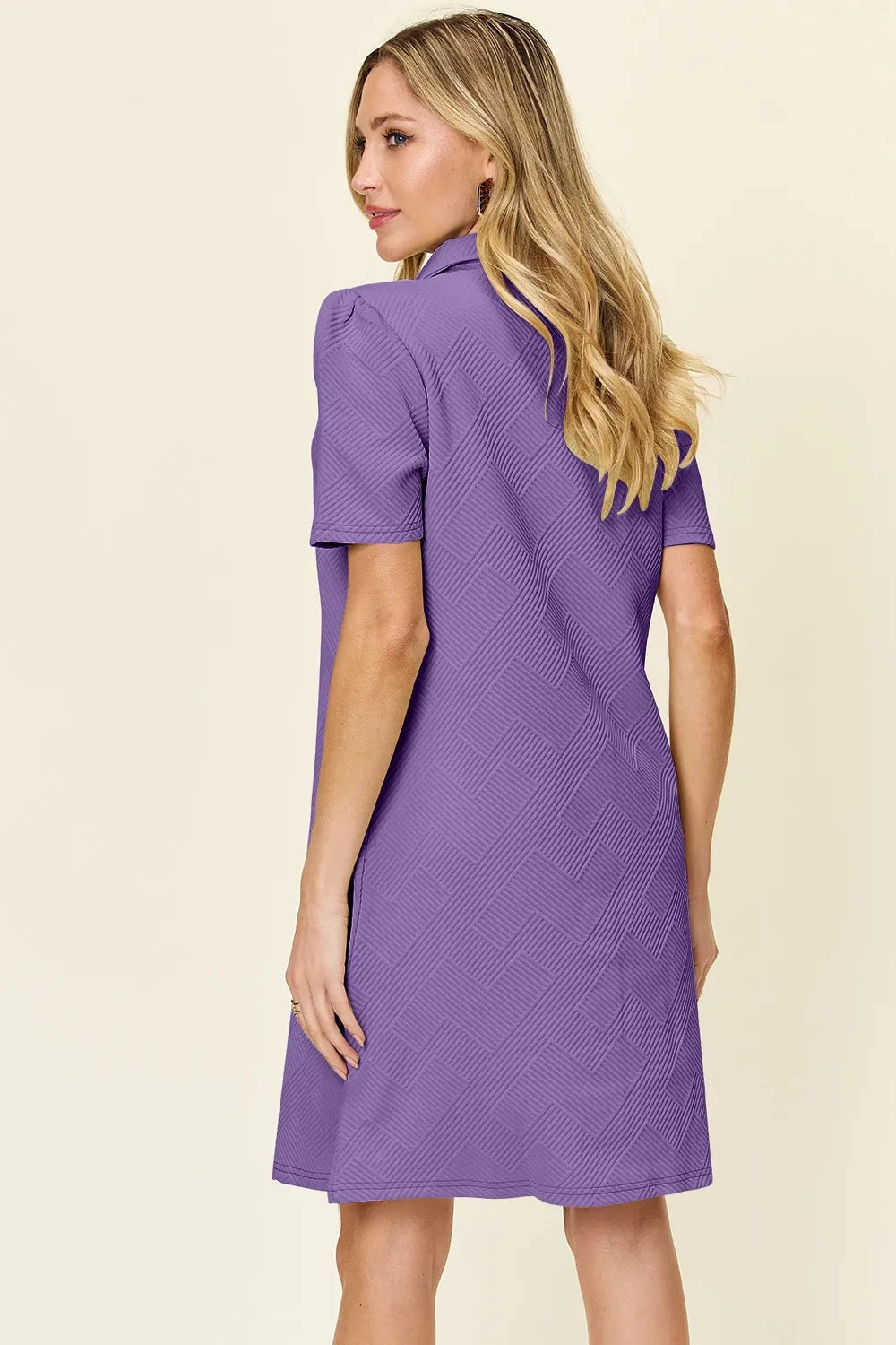Women Texture Collared Neck Short Sleeve Dress Dresses jehouze 