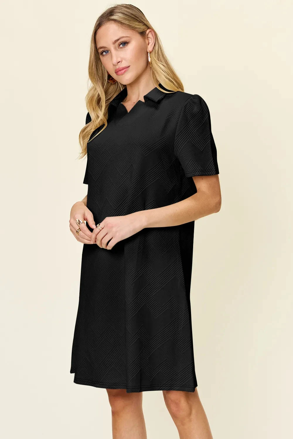 Women Texture Collared Neck Short Sleeve Dress Dresses jehouze 