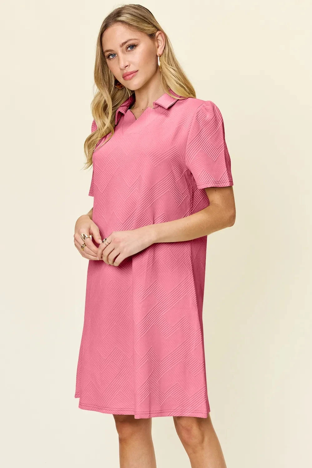 Women Texture Collared Neck Short Sleeve Dress Dresses jehouze 
