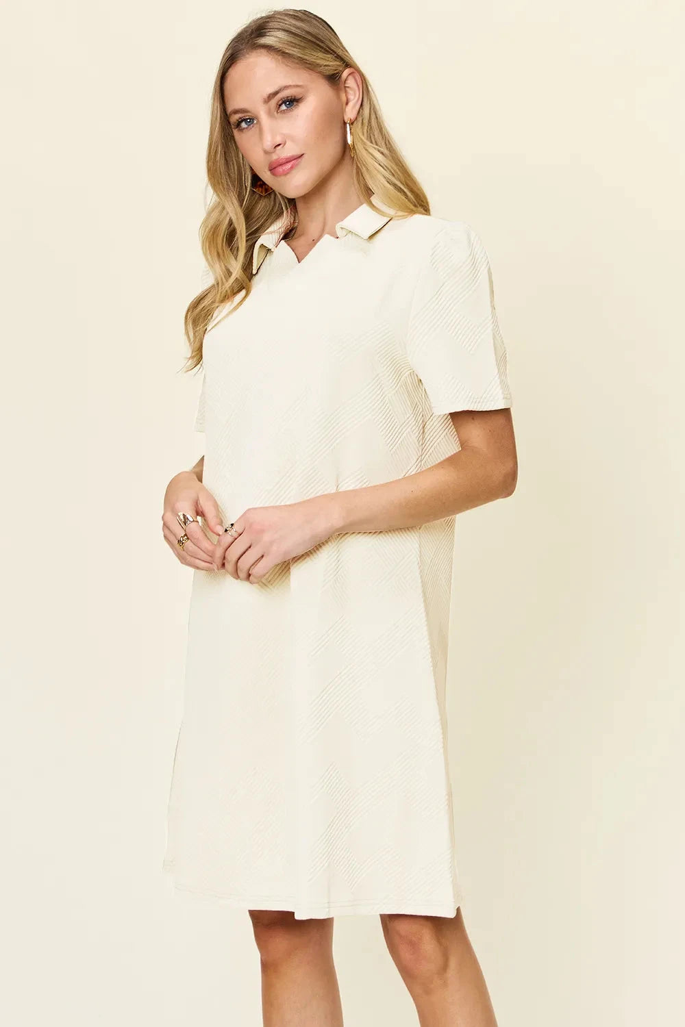 Women Texture Collared Neck Short Sleeve Dress Dresses jehouze 