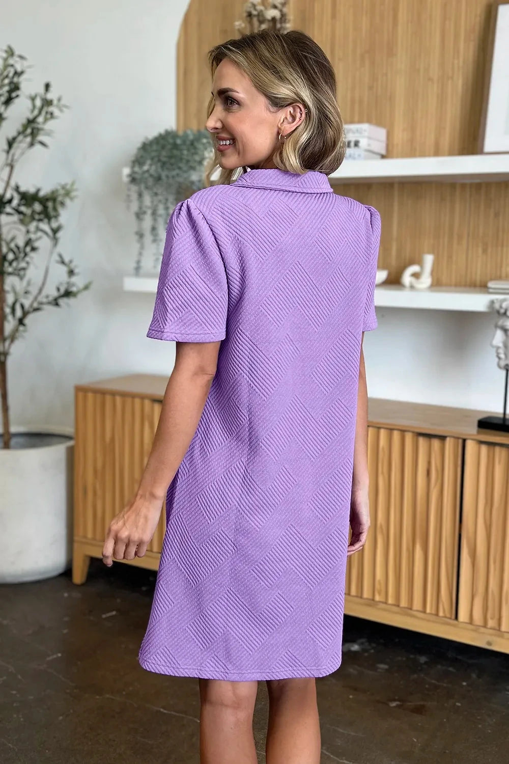 Women Texture Collared Neck Short Sleeve Dress Dresses jehouze 