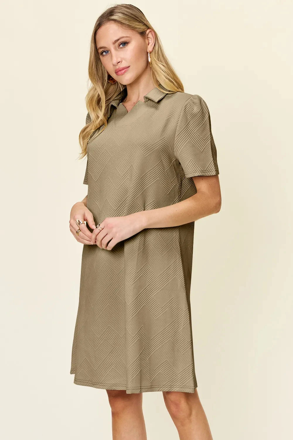 Women Texture Collared Neck Short Sleeve Dress Dresses jehouze 