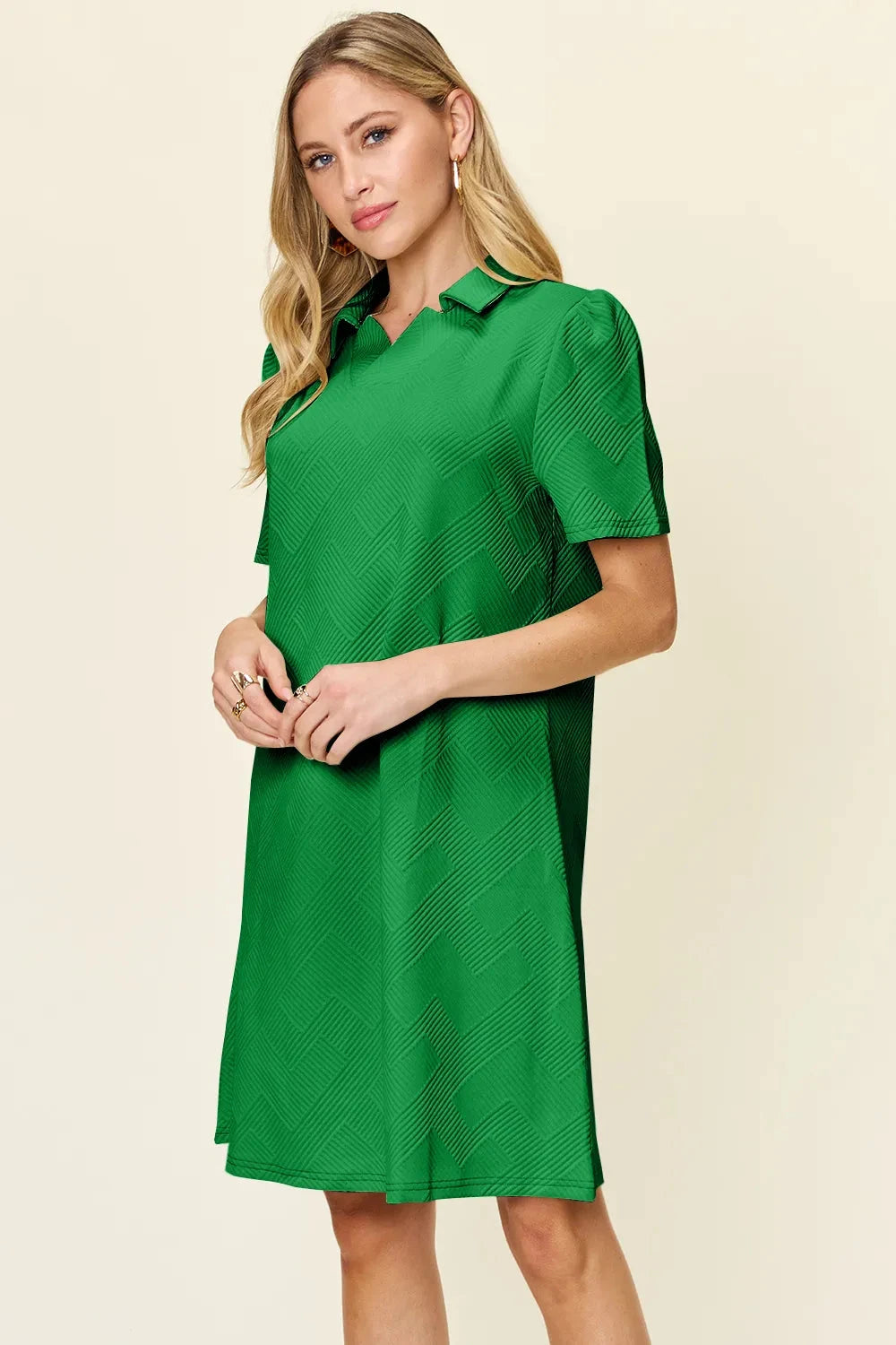 Women Texture Collared Neck Short Sleeve Dress Dresses jehouze 