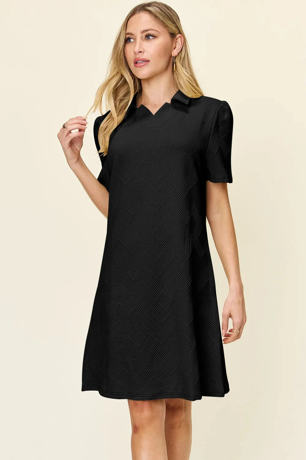 Women Texture Collared Neck Short Sleeve Dress Dresses jehouze Black S 