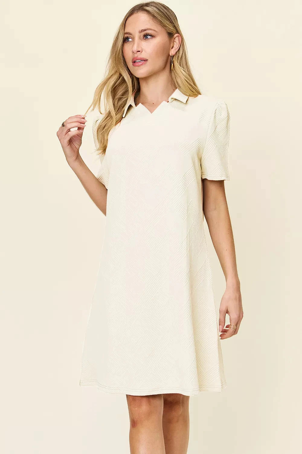 Women Texture Collared Neck Short Sleeve Dress Dresses jehouze Cream S 