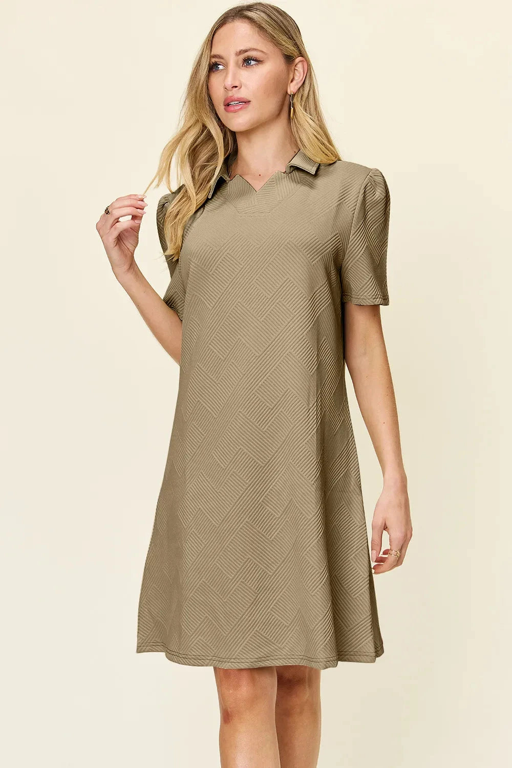 Women Texture Collared Neck Short Sleeve Dress Dresses jehouze Khaki S 