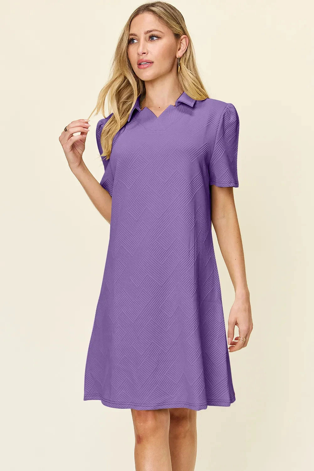 Women Texture Collared Neck Short Sleeve Dress Dresses jehouze Lavender S 