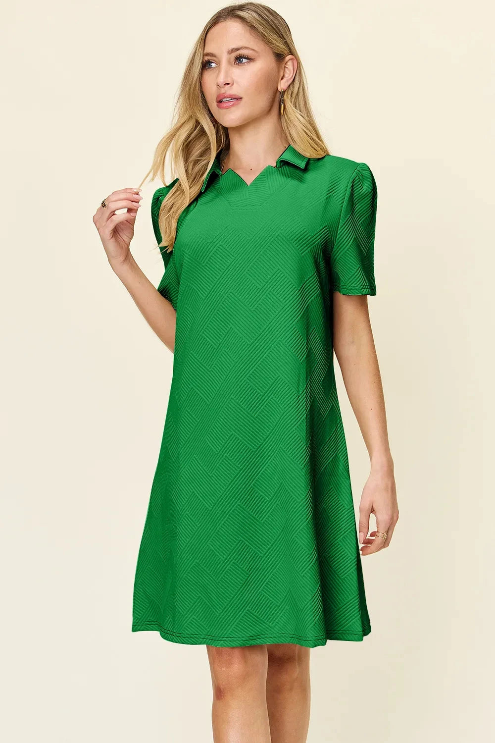 Women Texture Collared Neck Short Sleeve Dress Dresses jehouze Mid Green S 