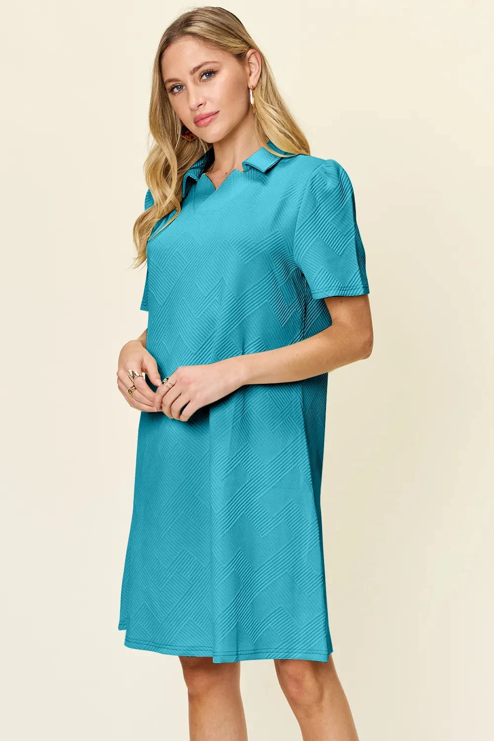 Women Texture Collared Neck Short Sleeve Dress Dresses jehouze Pastel Blue S 