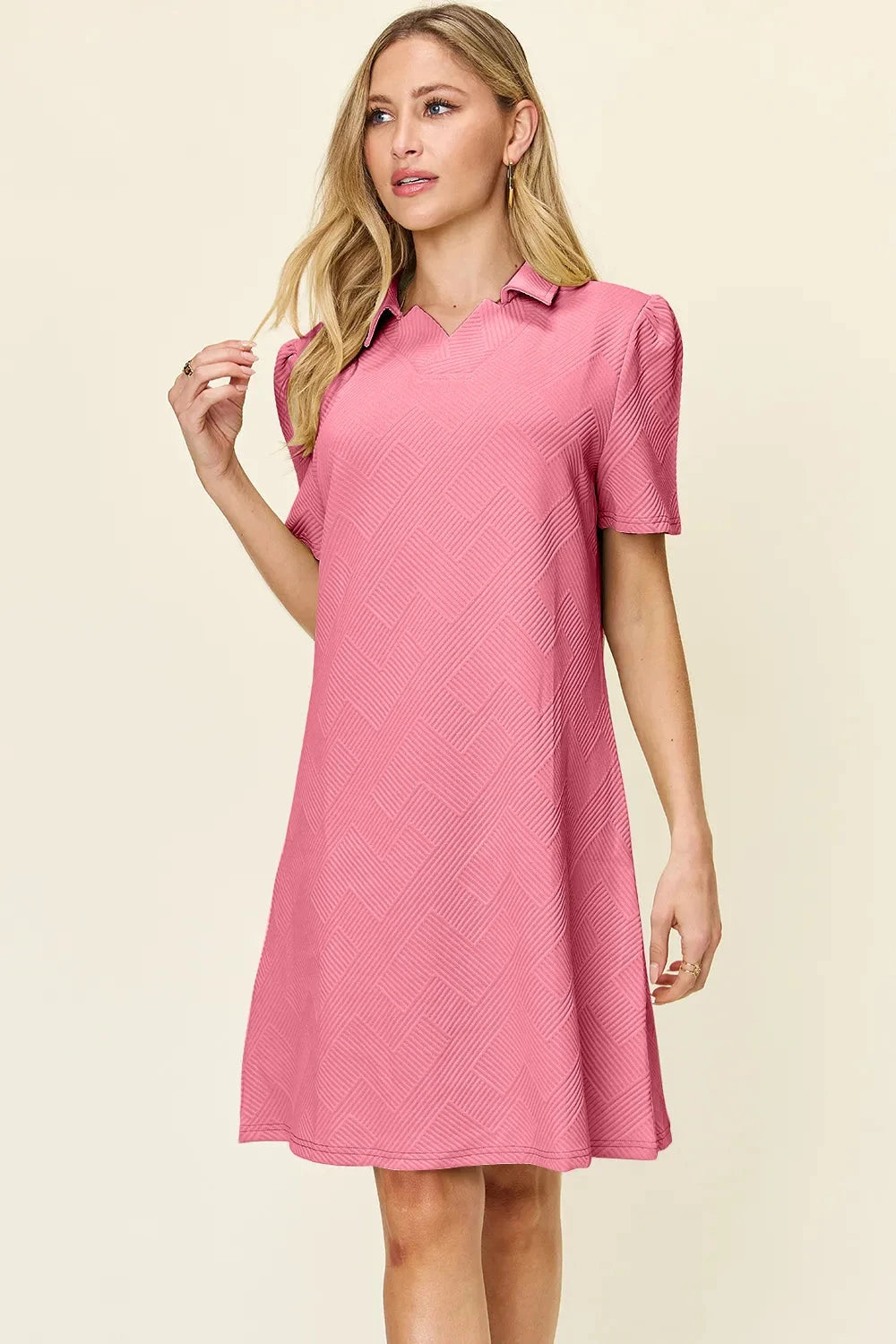 Women Texture Collared Neck Short Sleeve Dress Dresses jehouze Pink S 