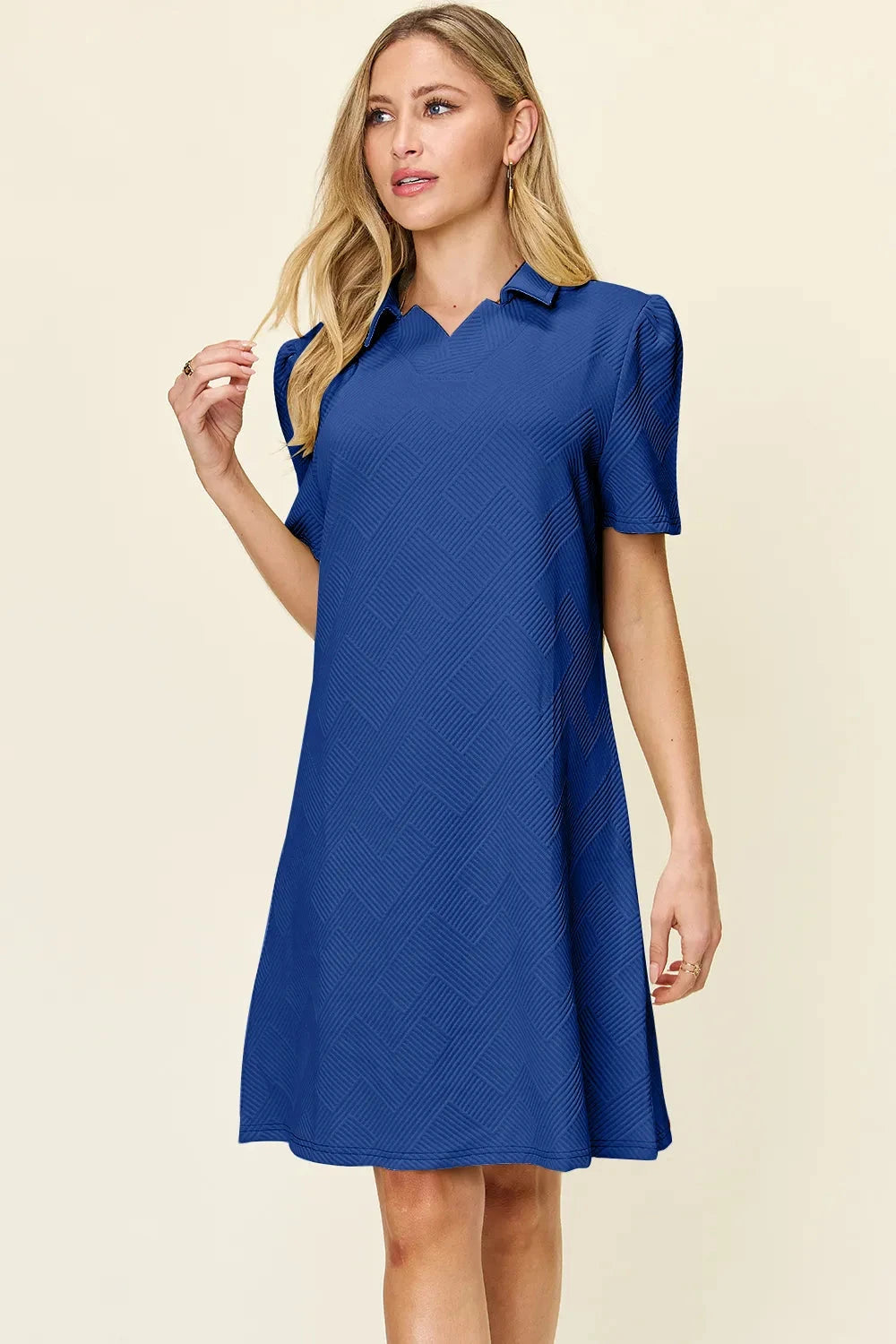 Women Texture Collared Neck Short Sleeve Dress Dresses jehouze Royal Blue S 