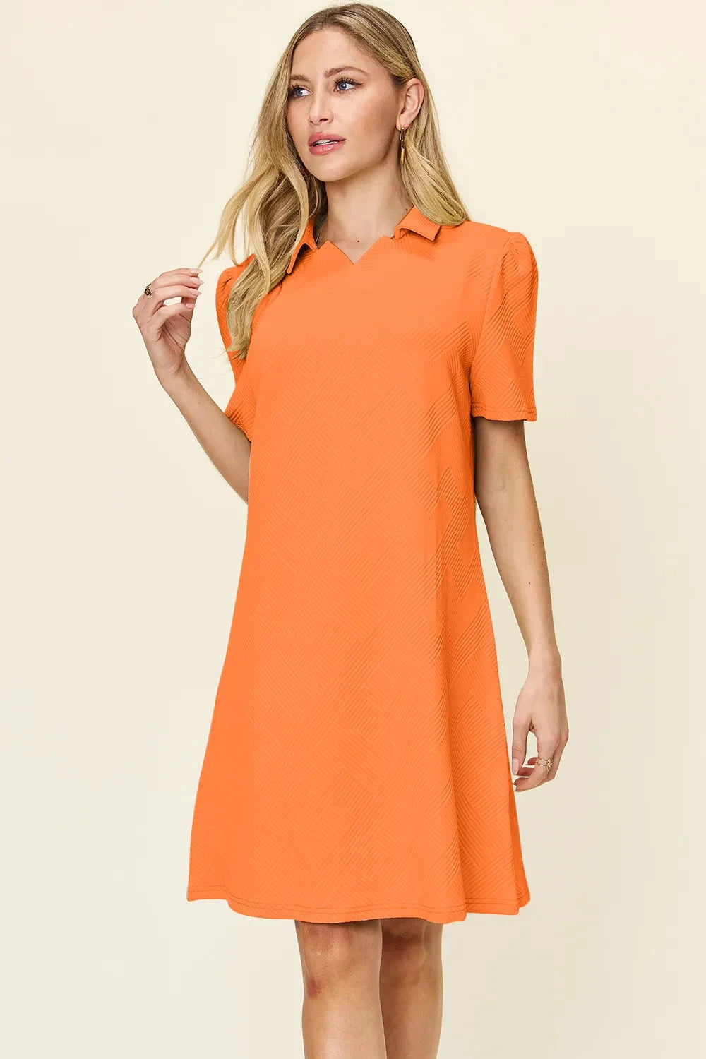 Women Texture Collared Neck Short Sleeve Dress Dresses jehouze Tangerine S 