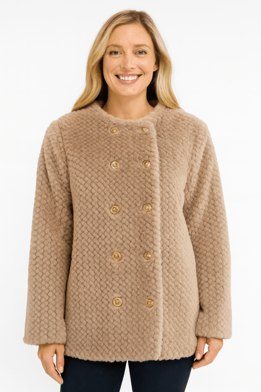 Women Textured Double-breasted Faux Shearling Jacket Coats & Jackets jehouze Khaki S/M 