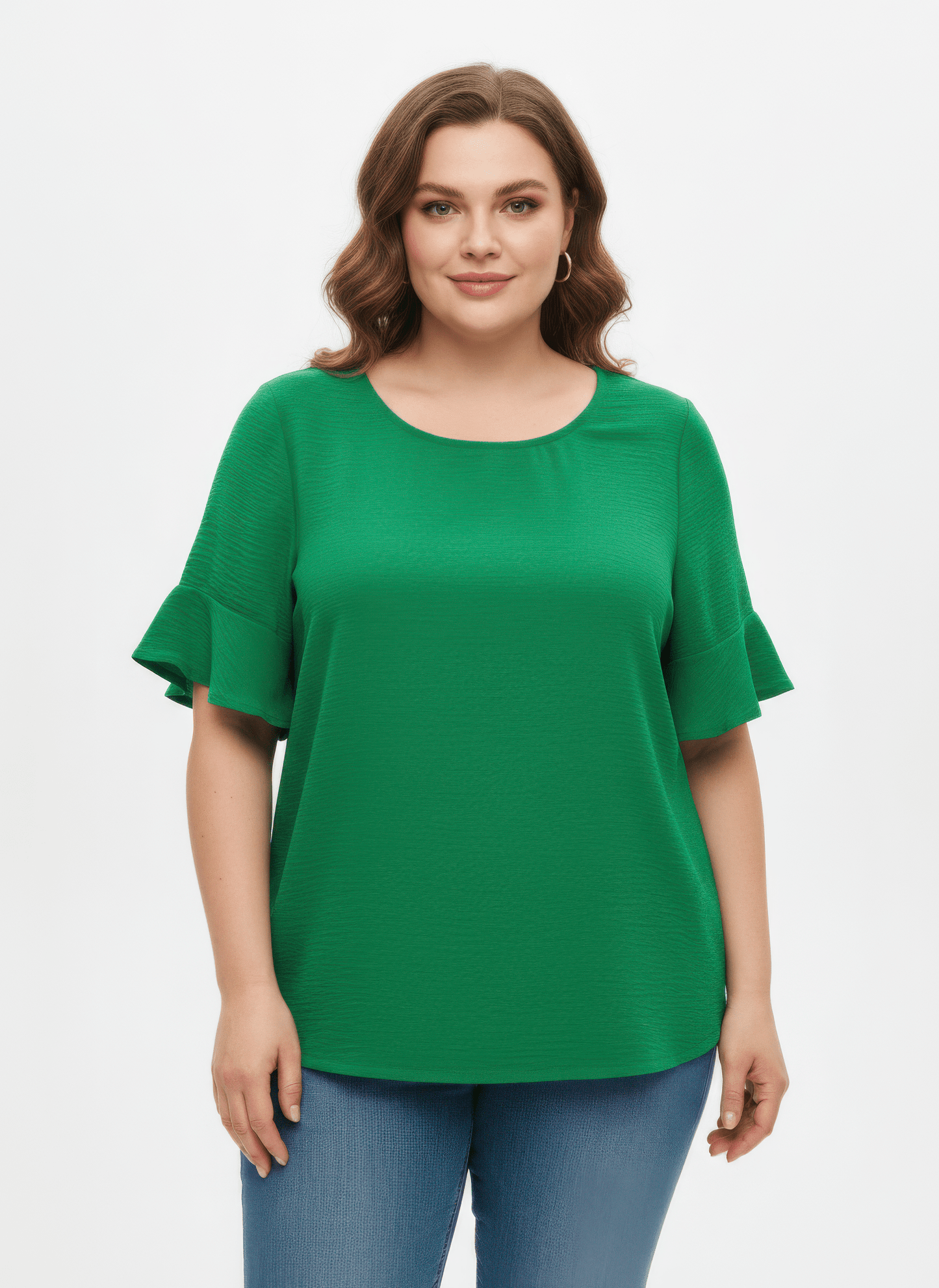 Women Textured Ruffle Sleeve Short Sleeve Top Shirts & Tops jehouze Green L 