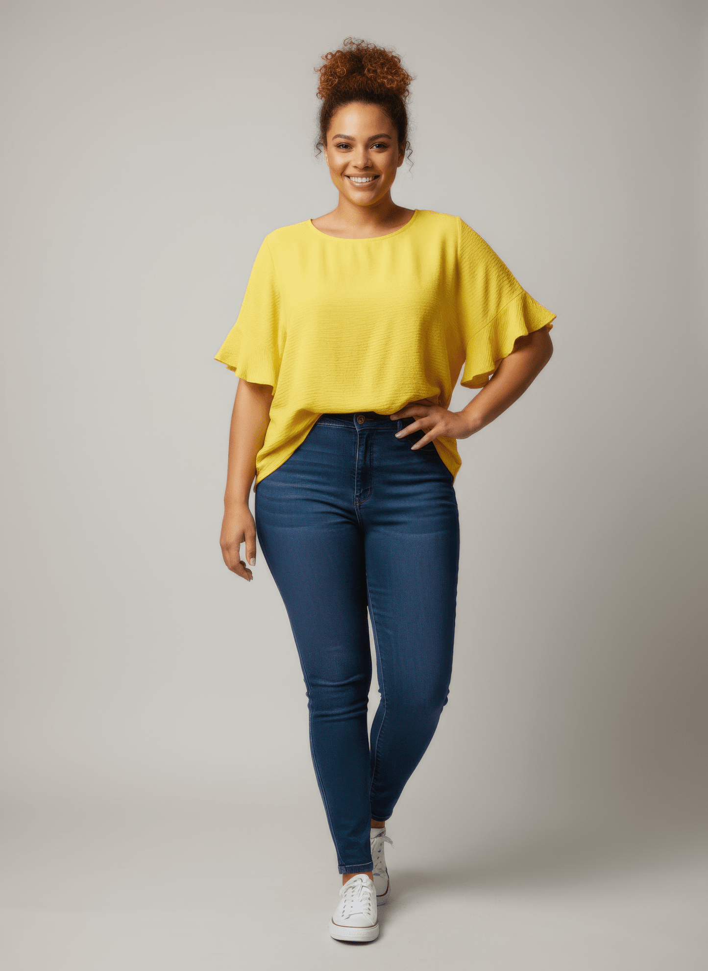Women Textured Ruffle Sleeve Short Sleeve Top Shirts & Tops jehouze Yellow L 
