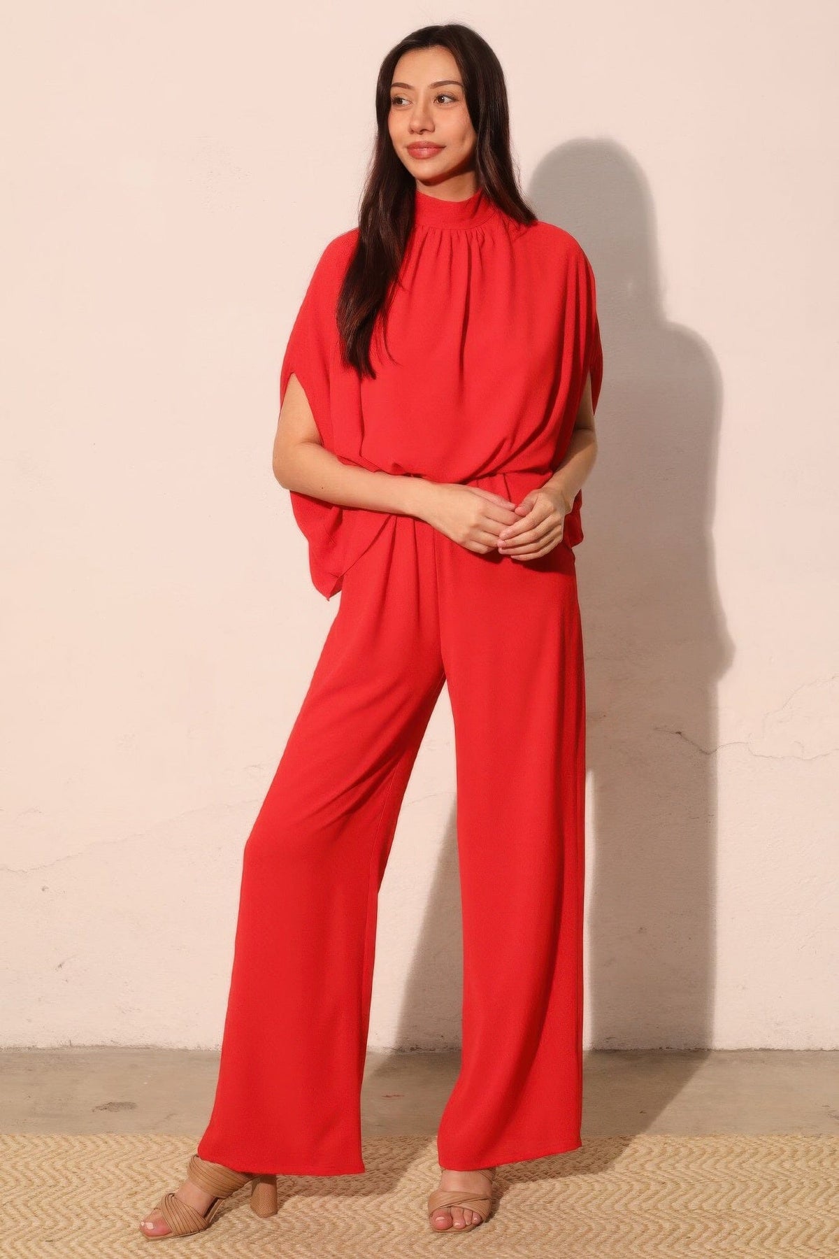 Women Textured Solid Mock Neck Caftan Jumpsuit Jumpsuits & Rompers jehouze 