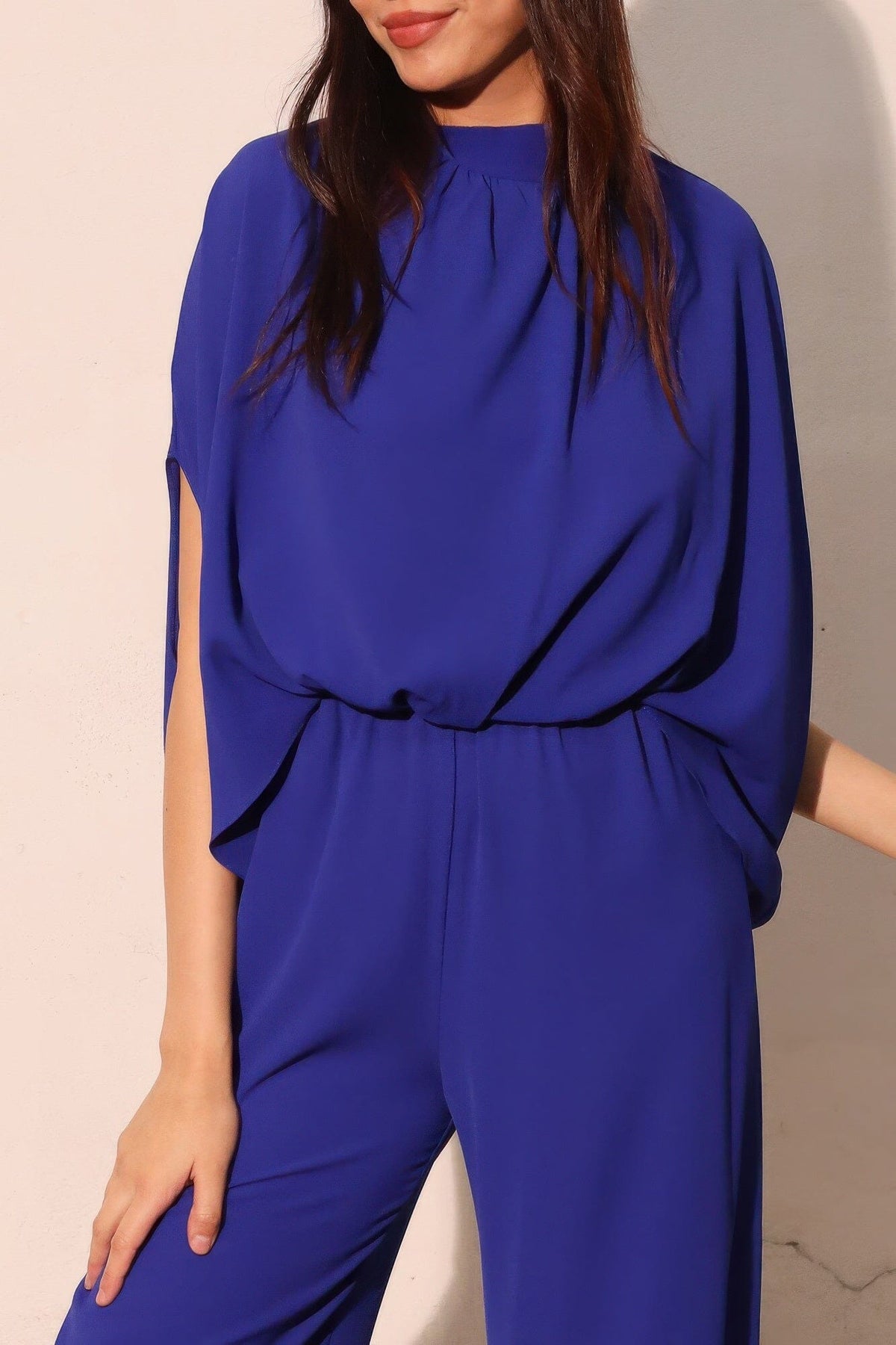 Women Textured Solid Mock Neck Caftan Jumpsuit Jumpsuits & Rompers jehouze 
