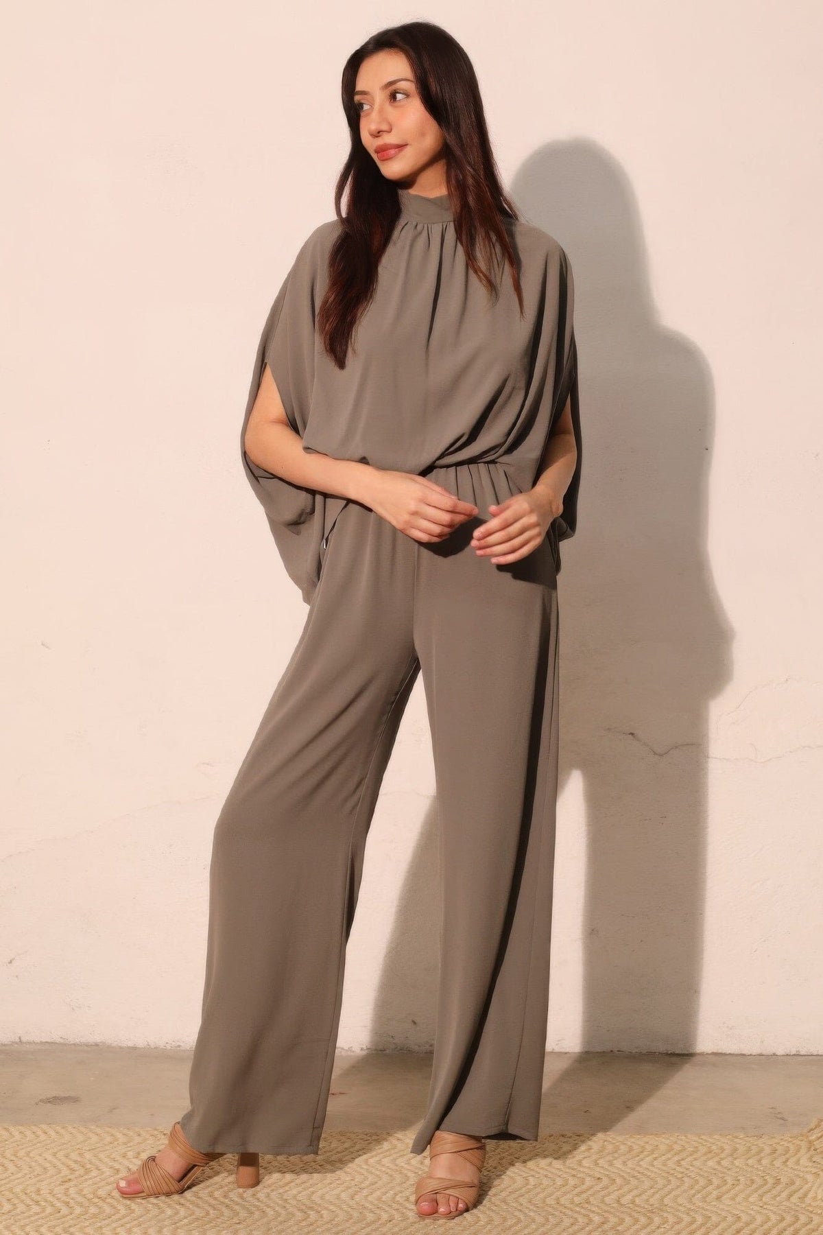 Women Textured Solid Mock Neck Caftan Jumpsuit Jumpsuits & Rompers jehouze 