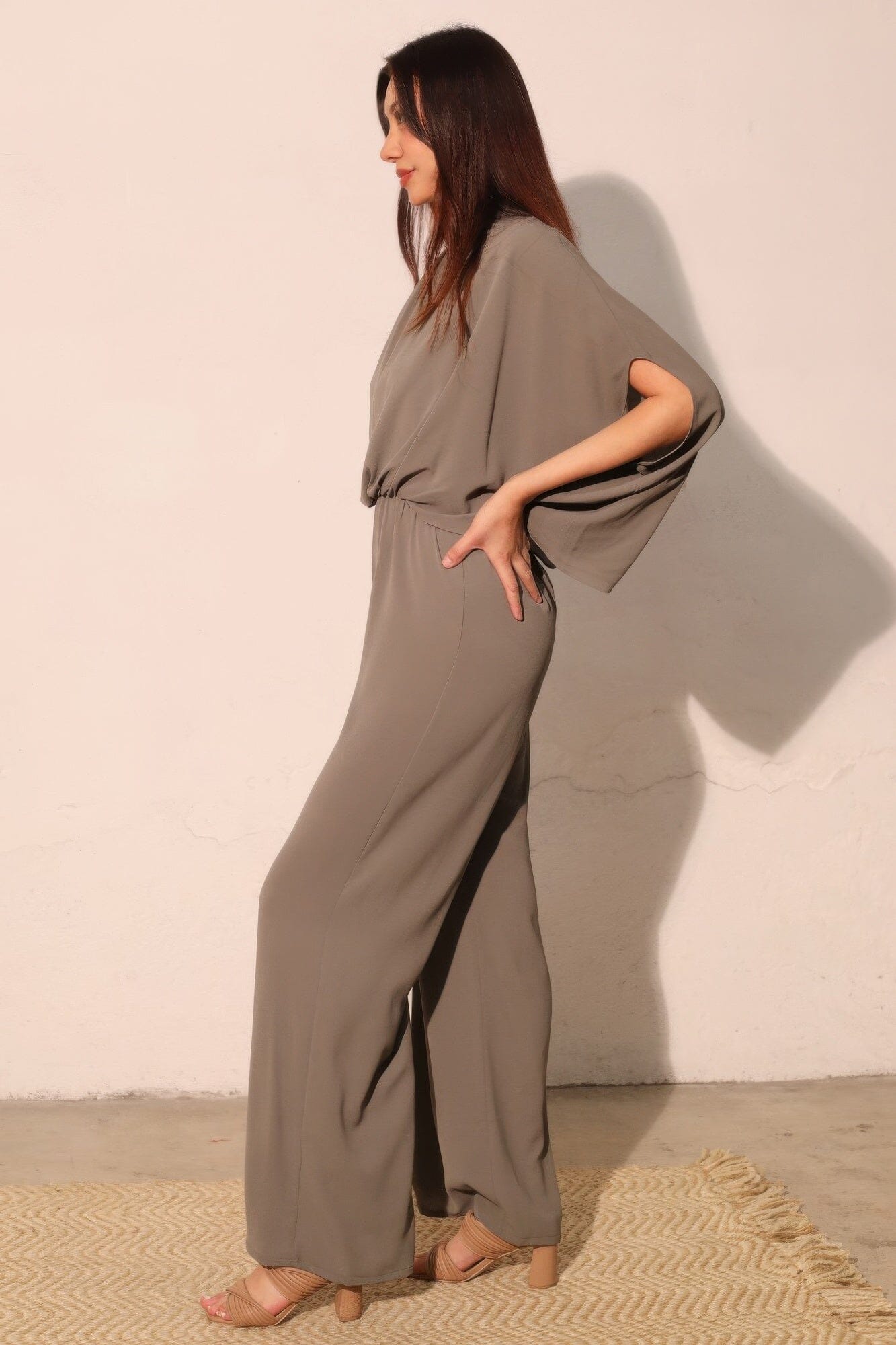 Women Textured Solid Mock Neck Caftan Jumpsuit Jumpsuits & Rompers jehouze 