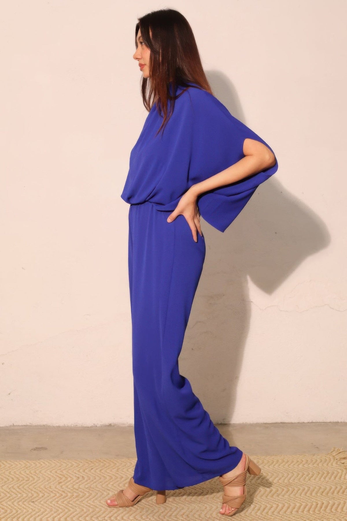 Women Textured Solid Mock Neck Caftan Jumpsuit Jumpsuits & Rompers jehouze 