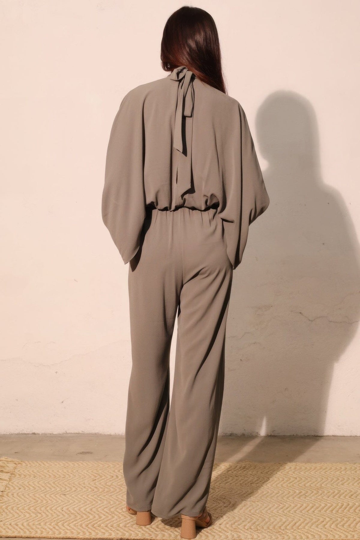 Women Textured Solid Mock Neck Caftan Jumpsuit Jumpsuits & Rompers jehouze 