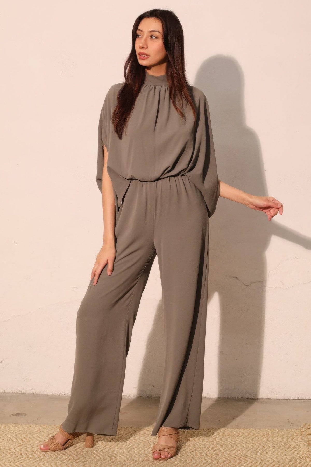 Women Textured Solid Mock Neck Caftan Jumpsuit Jumpsuits & Rompers jehouze Medium grey S 