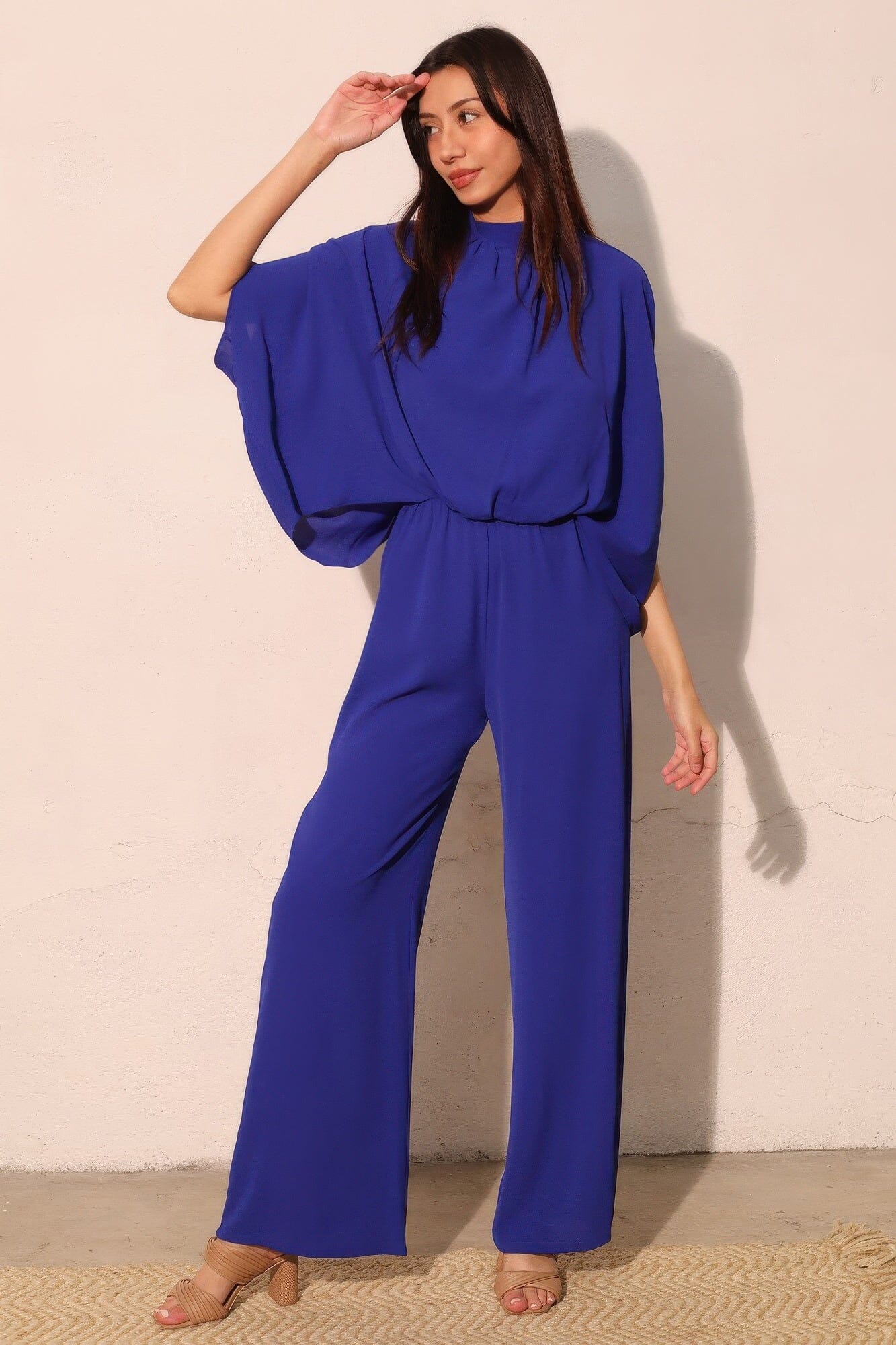 Women Textured Solid Mock Neck Caftan Jumpsuit Jumpsuits & Rompers jehouze Royal blue S 
