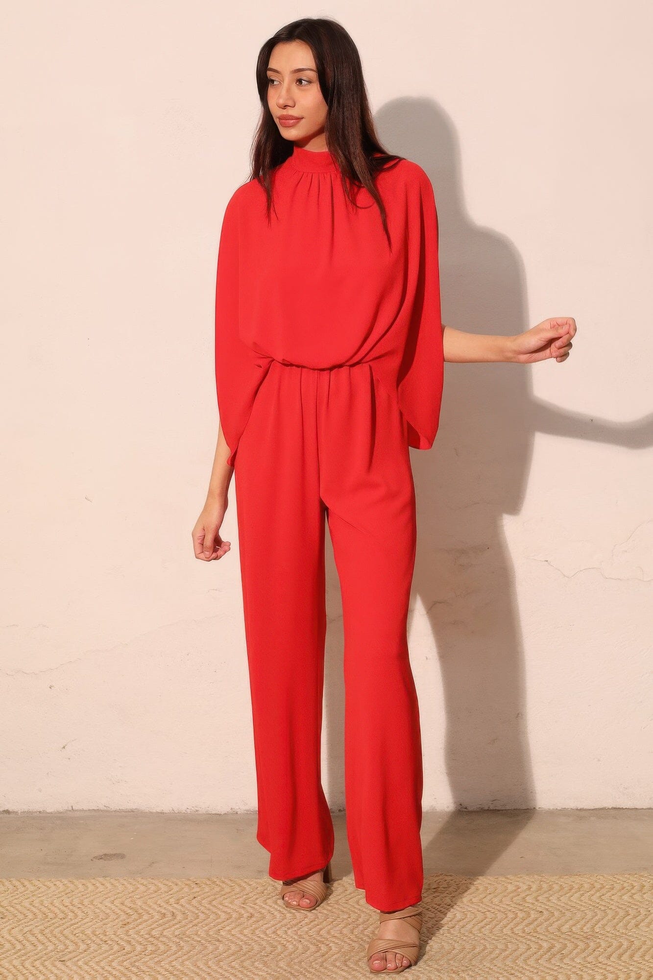 Women Textured Solid Mock Neck Caftan Jumpsuit Jumpsuits & Rompers jehouze True red S 