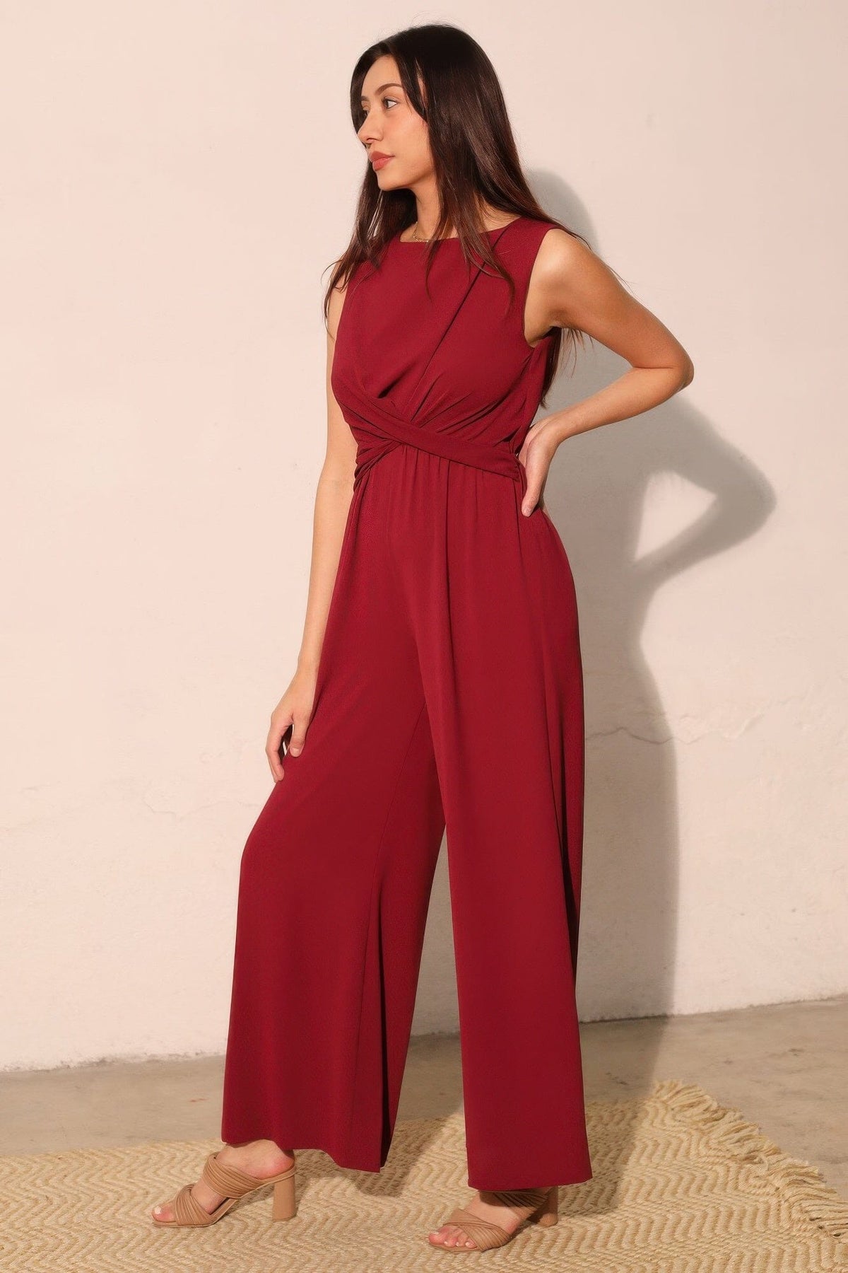 Women Textured Solid Twist Front Jumpsuit Jumpsuits & Rompers jehouze 