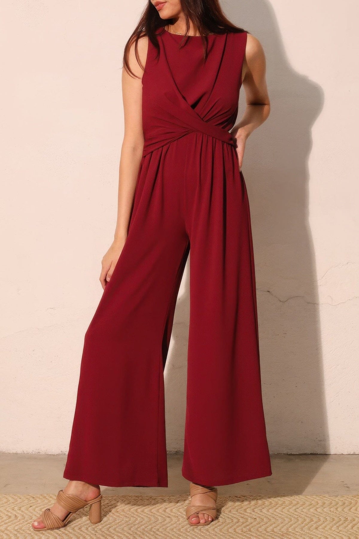 Women Textured Solid Twist Front Jumpsuit Jumpsuits & Rompers jehouze 