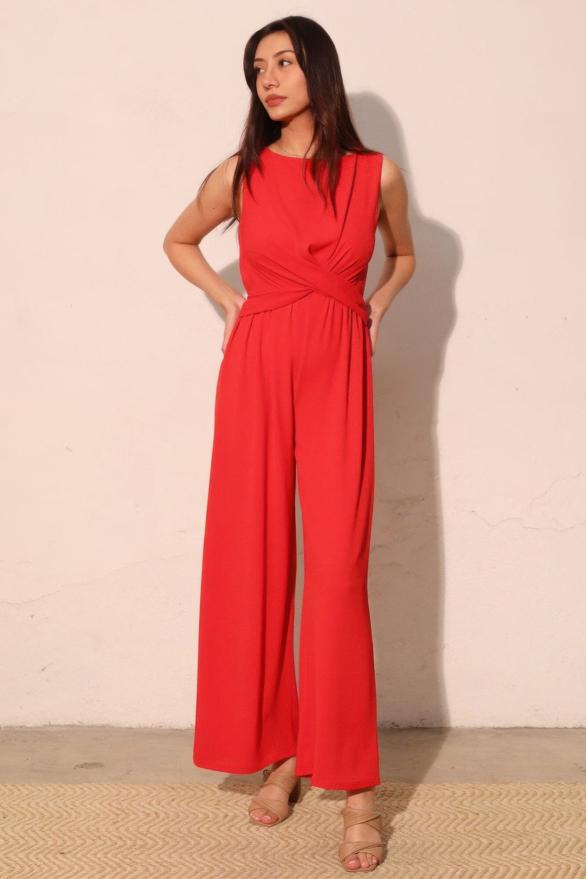 Women Textured Solid Twist Front Jumpsuit Jumpsuits & Rompers jehouze True red S 