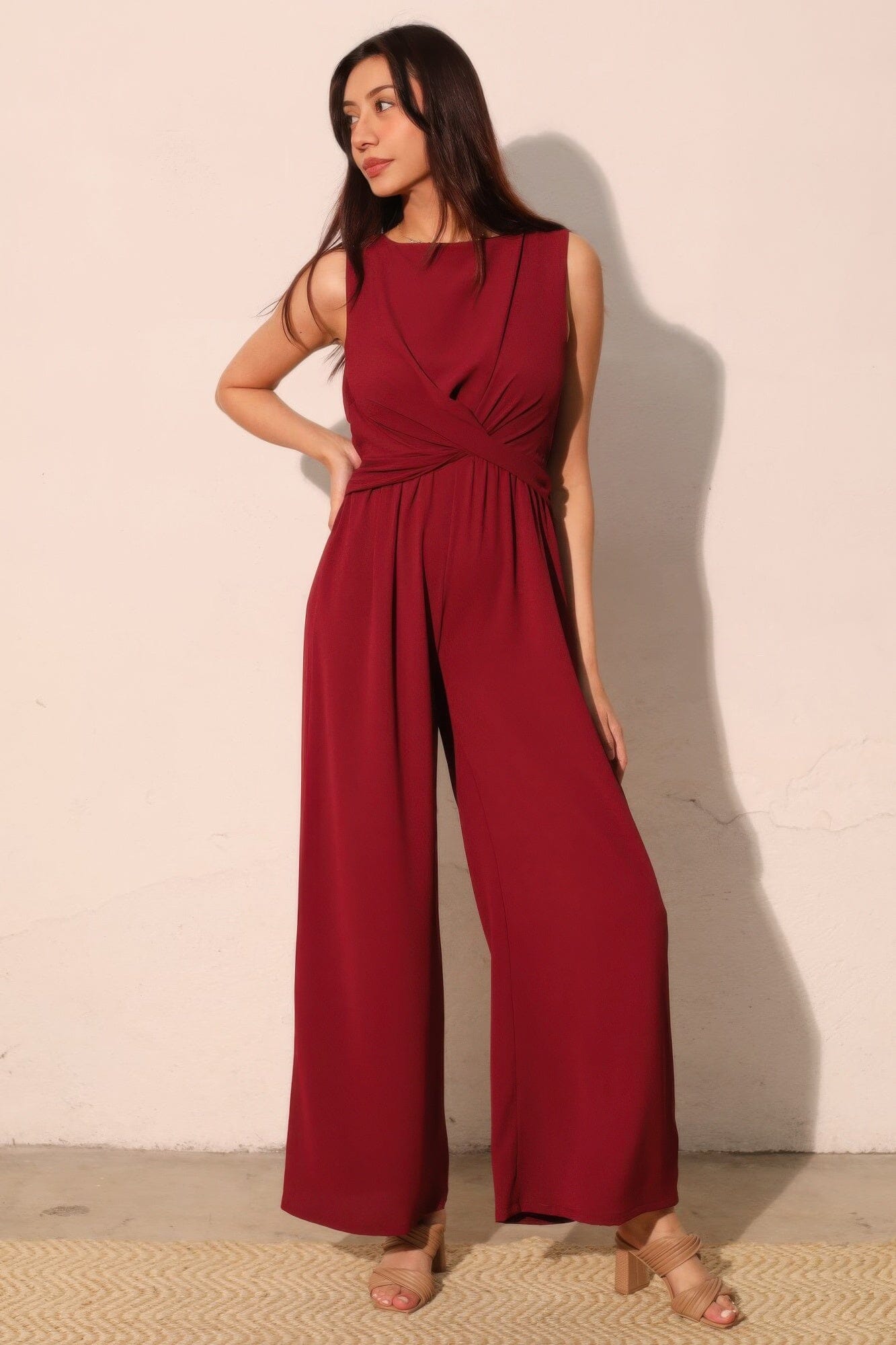 Women Textured Solid Twist Front Jumpsuit Jumpsuits & Rompers jehouze Wine S 