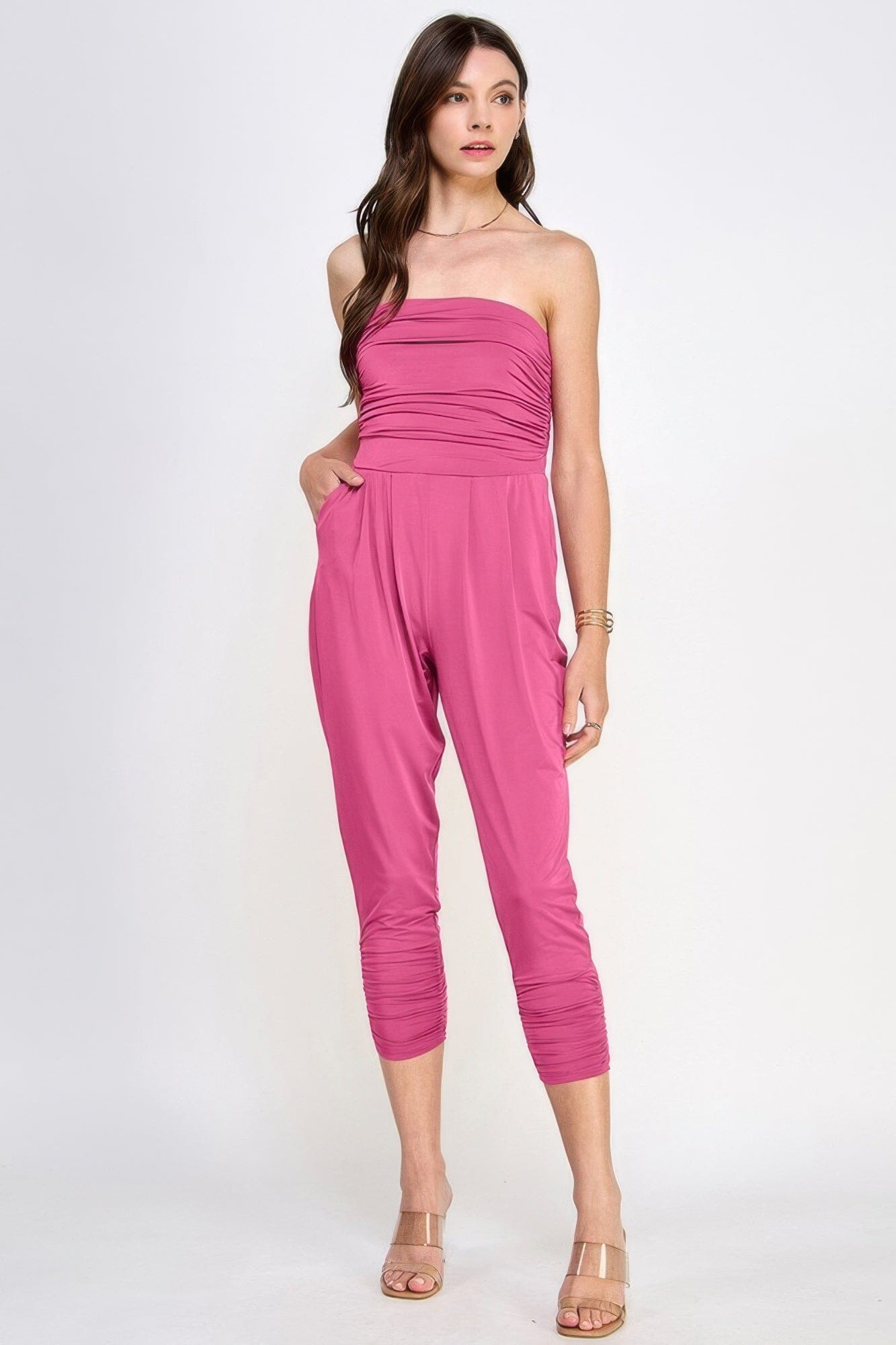 Women Tube Top shirring Jumpsuit Jumpsuits & Rompers jehouze True pink S 