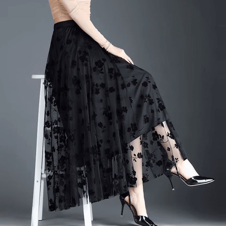 Women Tulle Floral Loose Midi Mesh Skirt Skirts jehouze Black S (US-4) 