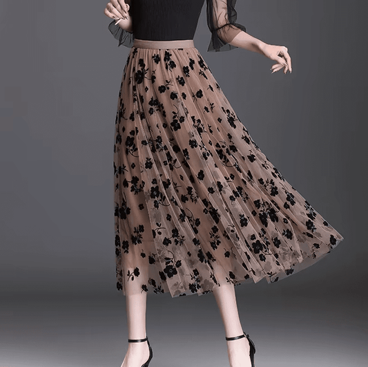 Women Tulle Floral Loose Midi Mesh Skirt Skirts jehouze Khaki S (US-4) 